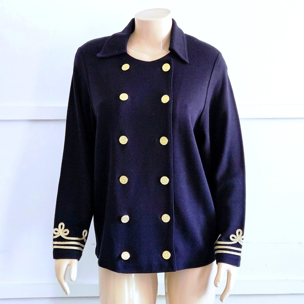 August Max Woman Navy Blue Nautical Knit Jacket Gold Crest Buttons Size X NWT